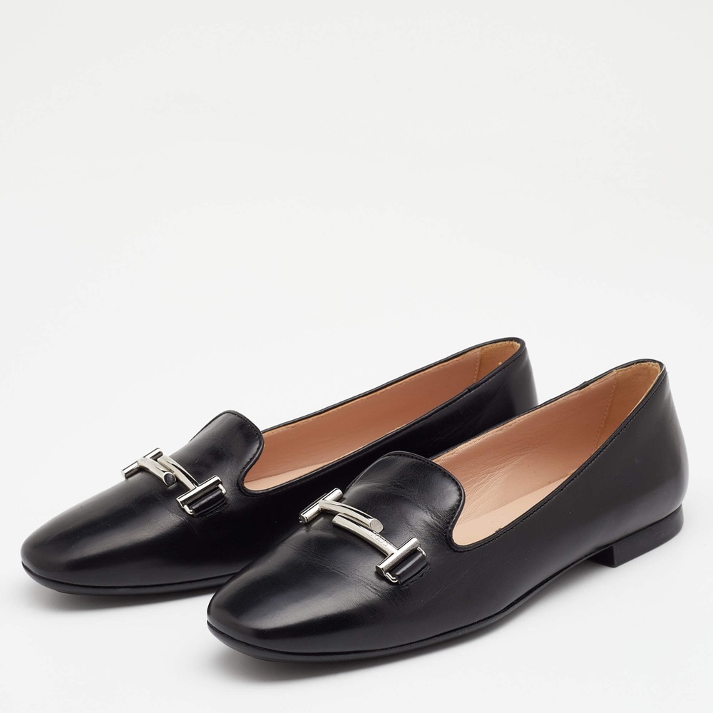 Tod's Size 41 11 Black Leather Double T Smoking Slippers